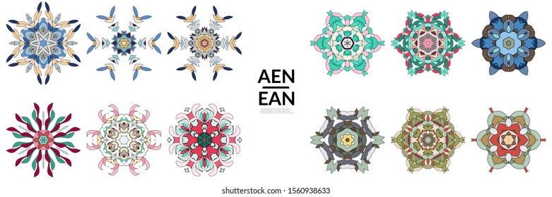 Set of floral symmetrical geometrical symbols. Vector flower mandala icon isolated on white. Oriental round colored pattern. Properly grouped for black outline and colored part of each mandala.