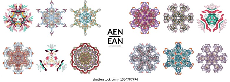 Set of floral symmetrical geometrical symbols. Vector flower mandala icon isolated on white. Oriental round colored pattern. Properly grouped for black outline and colored part of each mandala.