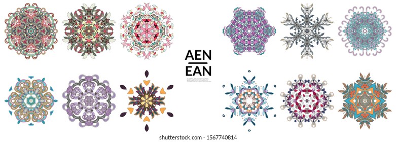 Set of floral symmetrical geometrical symbols. Vector flower mandala icon isolated on white. Oriental round colored pattern. Properly grouped for black outline and colored part of each mandala.