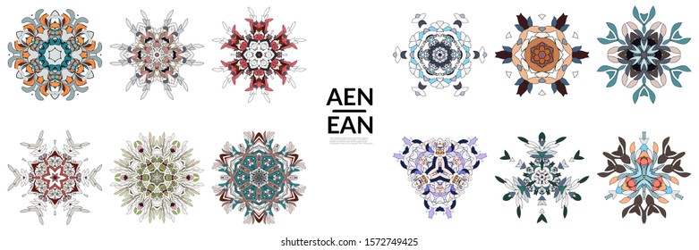 Set of floral symmetrical geometrical symbols. Vector flower mandala icon isolated on white. Oriental round colored pattern. Properly grouped for black outline and colored part of each mandala.