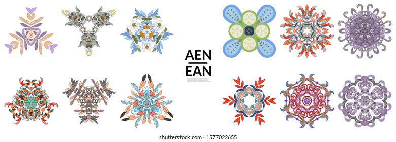 Set of floral symmetrical geometrical symbols. Vector flower mandala icon isolated on white. Oriental round colored pattern. Properly grouped for black outline and colored part of each mandala.