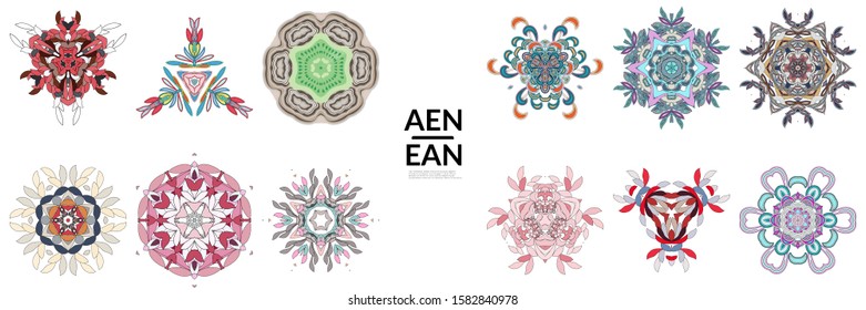 Set of floral symmetrical geometrical symbols. Vector flower mandala icon isolated on white. Oriental round colored pattern. Properly grouped for black outline and colored part of each mandala.