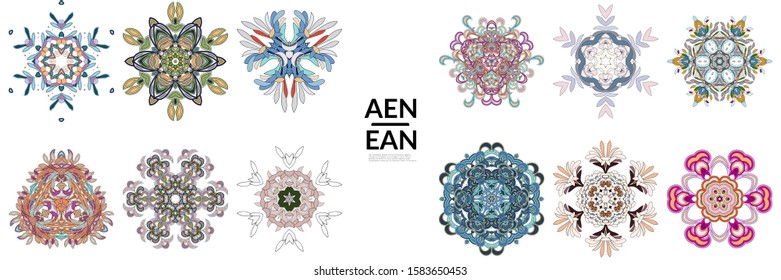 Set of floral symmetrical geometrical symbols. Vector flower mandala icon isolated on white. Oriental round colored pattern. Properly grouped for black outline and colored part of each mandala.