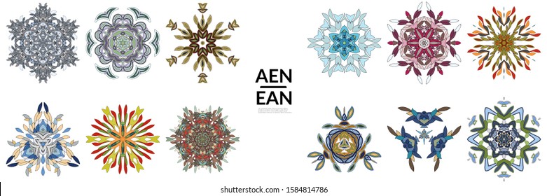 Set of floral symmetrical geometrical symbols. Vector flower mandala icon isolated on white. Oriental round colored pattern. Properly grouped for black outline and colored part of each mandala.