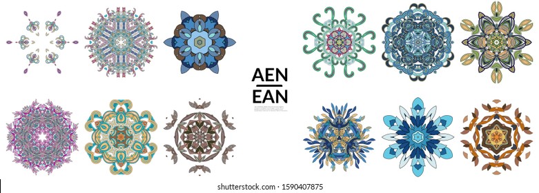 Set of floral symmetrical geometrical symbols. Vector flower mandala icon isolated on white. Oriental round colored pattern. Properly grouped for black outline and colored part of each mandala.