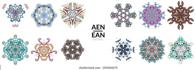 Set of floral symmetrical geometrical symbols. Vector flower mandala icon isolated on white. Oriental round colored pattern. Properly grouped for black outline and colored part of each mandala.
