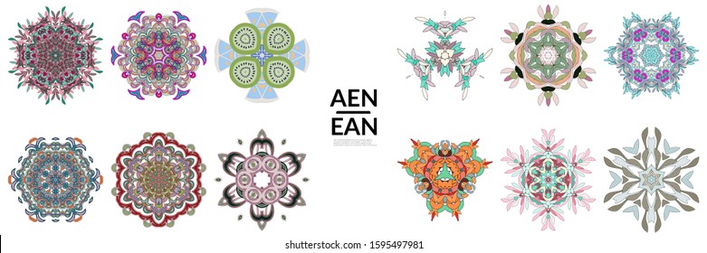 Set of floral symmetrical geometrical symbols. Vector flower mandala icon isolated on white. Oriental round colored pattern. Properly grouped for black outline and colored part of each mandala.