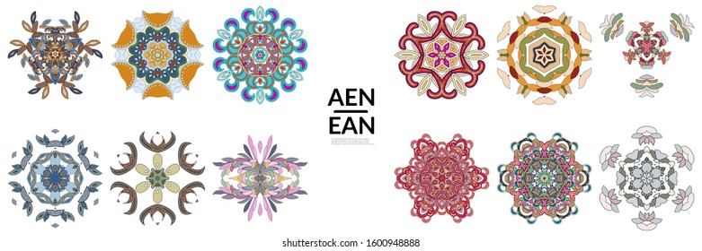 Set of floral symmetrical geometrical symbols. Vector flower mandala icon isolated on white. Oriental round colored pattern. Properly grouped for black outline and colored part of each mandala.