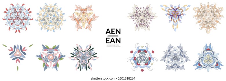 Set of floral symmetrical geometrical symbols. Vector flower mandala icon isolated on white. Oriental round colored pattern. Properly grouped for black outline and colored part of each mandala.