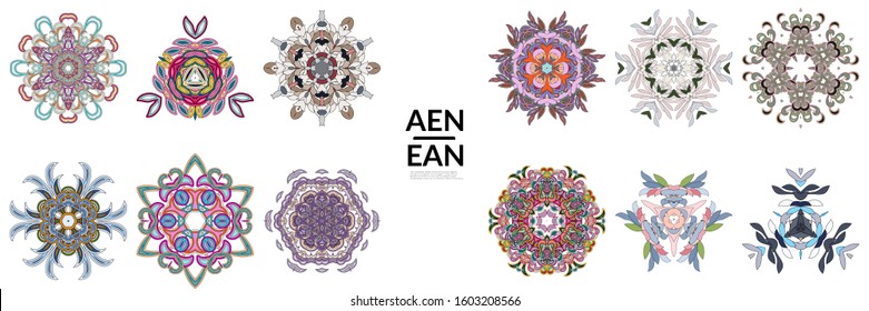 Set of floral symmetrical geometrical symbols. Vector flower mandala icon isolated on white. Oriental round colored pattern. Properly grouped for black outline and colored part of each mandala.
