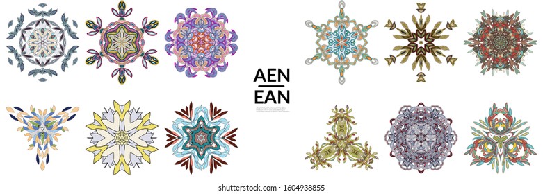 Set of floral symmetrical geometrical symbols. Vector flower mandala icon isolated on white. Oriental round colored pattern. Properly grouped for black outline and colored part of each mandala.