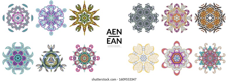 Set of floral symmetrical geometrical symbols. Vector flower mandala icon isolated on white. Oriental round colored pattern. Properly grouped for black outline and colored part of each mandala.