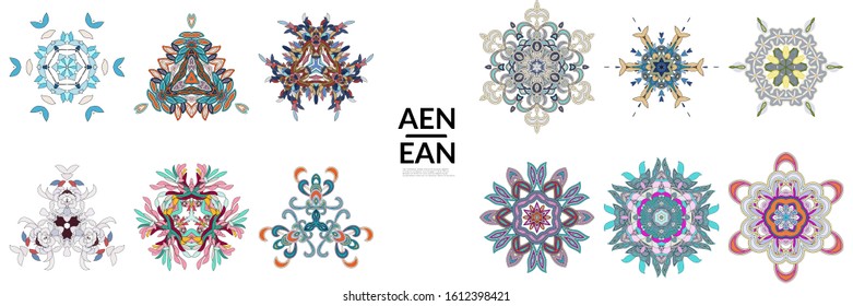 Set of floral symmetrical geometrical symbols. Vector flower mandala icon isolated on white. Oriental round colored pattern. Properly grouped for black outline and colored part of each mandala.