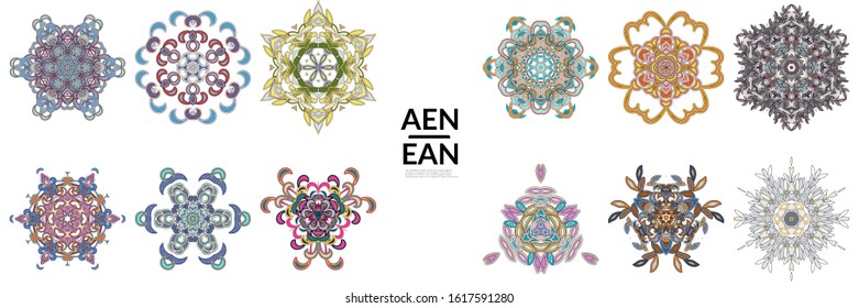 Set of floral symmetrical geometrical symbols. Vector flower mandala icon isolated on white. Oriental round colored pattern. Properly grouped for black outline and colored part of each mandala.