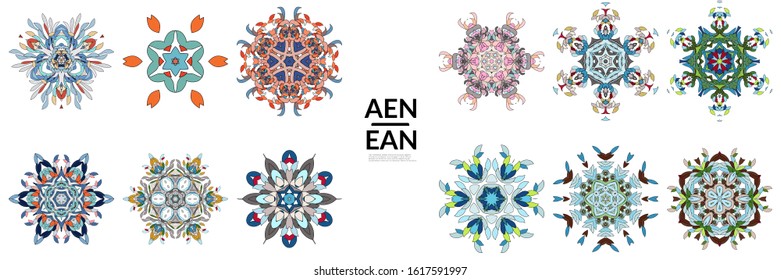 Set of floral symmetrical geometrical symbols. Vector flower mandala icon isolated on white. Oriental round colored pattern. Properly grouped for black outline and colored part of each mandala.