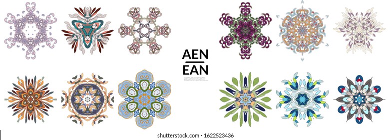 Set of floral symmetrical geometrical symbols. Vector flower mandala icon isolated on white. Oriental round colored pattern. Properly grouped for black outline and colored part of each mandala.