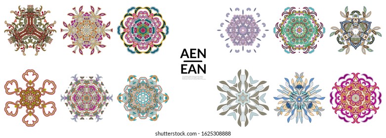 Set of floral symmetrical geometrical symbols. Vector flower mandala icon isolated on white. Oriental round colored pattern. Properly grouped for black outline and colored part of each mandala.