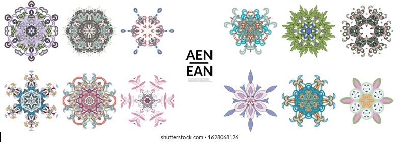 Set of floral symmetrical geometrical symbols. Vector flower mandala icon isolated on white. Oriental round colored pattern. Properly grouped for black outline and colored part of each mandala.