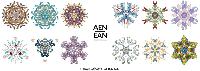 Set of floral symmetrical geometrical symbols. Vector flower mandala icon isolated on white. Oriental round colored pattern. Properly grouped for black outline and colored part of each mandala.