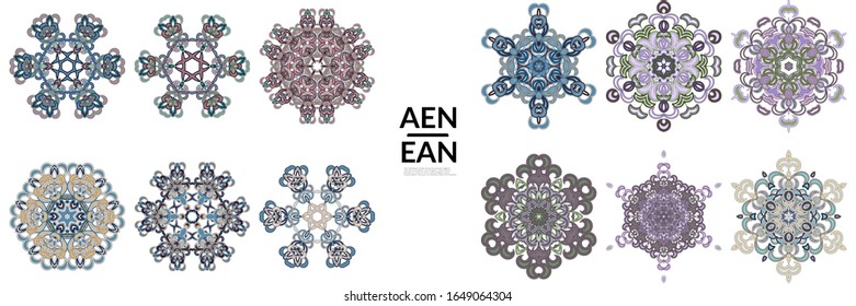 Set of floral symmetrical geometrical symbols. Vector flower mandala icon isolated on white. Oriental round colored pattern. Properly grouped for black outline and colored part of each mandala.