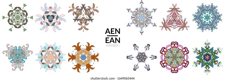 Set of floral symmetrical geometrical symbols. Vector flower mandala icon isolated on white. Oriental round colored pattern. Properly grouped for black outline and colored part of each mandala.