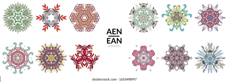 Set of floral symmetrical geometrical symbols. Vector flower mandala icon isolated on white. Oriental round colored pattern. Properly grouped for black outline and colored part of each mandala.