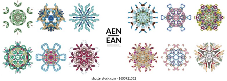 Set of floral symmetrical geometrical symbols. Vector flower mandala icon isolated on white. Oriental round colored pattern. Properly grouped for black outline and colored part of each mandala.