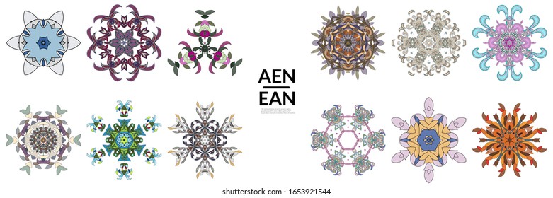 Set of floral symmetrical geometrical symbols. Vector flower mandala icon isolated on white. Oriental round colored pattern. Properly grouped for black outline and colored part of each mandala.