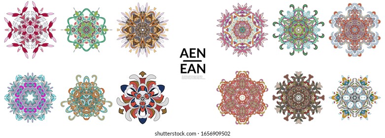 Set of floral symmetrical geometrical symbols. Vector flower mandala icon isolated on white. Oriental round colored pattern. Properly grouped for black outline and colored part of each mandala.