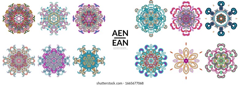 Set of floral symmetrical geometrical symbols. Vector flower mandala icon isolated on white. Oriental round colored pattern. Properly grouped for black outline and colored part of each mandala.