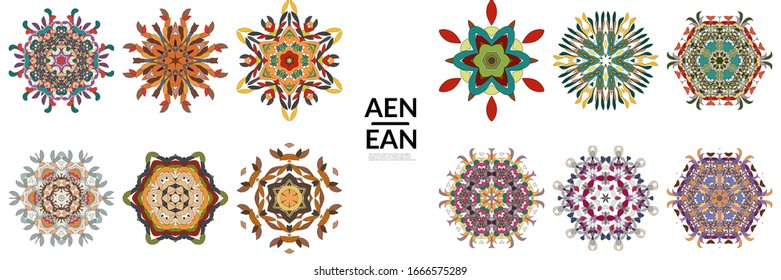 Set of floral symmetrical geometrical symbols. Vector flower mandala icon isolated on white. Oriental round colored pattern. Properly grouped for black outline and colored part of each mandala.