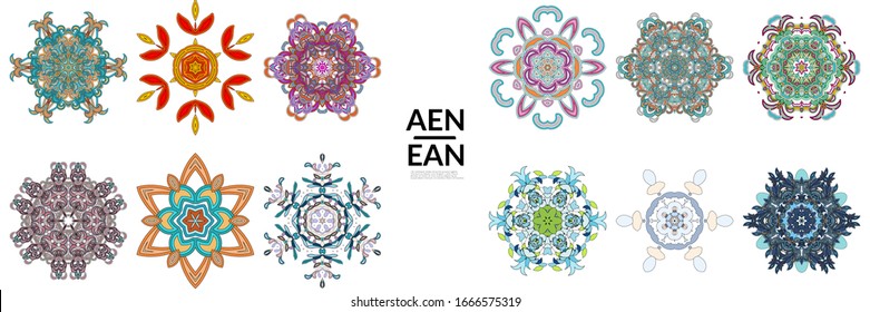 Satz symmetrischer Blumensymbole. Vektorillustration Blume Mandala Symbol einzeln auf Weiß. Orientales, rundes Muster. Richtig gruppiert für schwarze Umrisse und farbige Teile jeder Mandala.