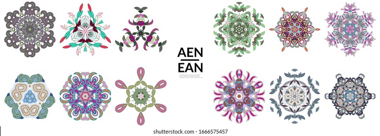 Set of floral symmetrical geometrical symbols. Vector flower mandala icon isolated on white. Oriental round colored pattern. Properly grouped for black outline and colored part of each mandala.