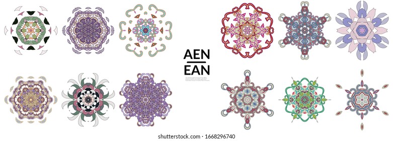 Set of floral symmetrical geometrical symbols. Vector flower mandala icon isolated on white. Oriental round colored pattern. Properly grouped for black outline and colored part of each mandala.