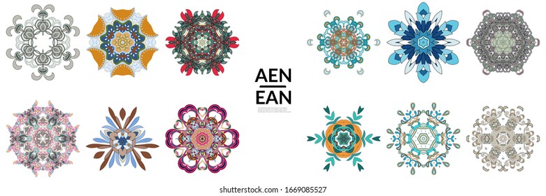 Set of floral symmetrical geometrical symbols. Vector flower mandala icon isolated on white. Oriental round colored pattern. Properly grouped for black outline and colored part of each mandala.