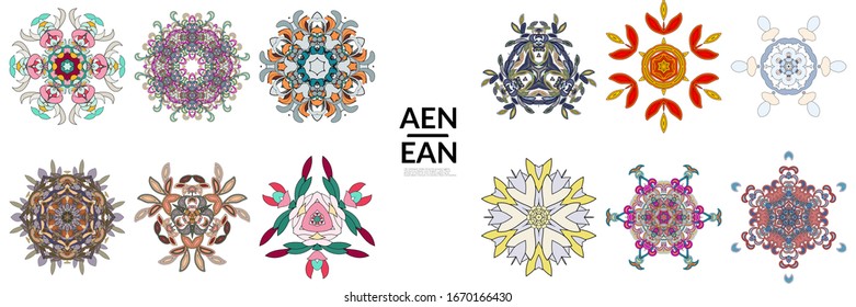 Set of floral symmetrical geometrical symbols. Vector flower mandala icon isolated on white. Oriental round colored pattern. Properly grouped for black outline and colored part of each mandala.