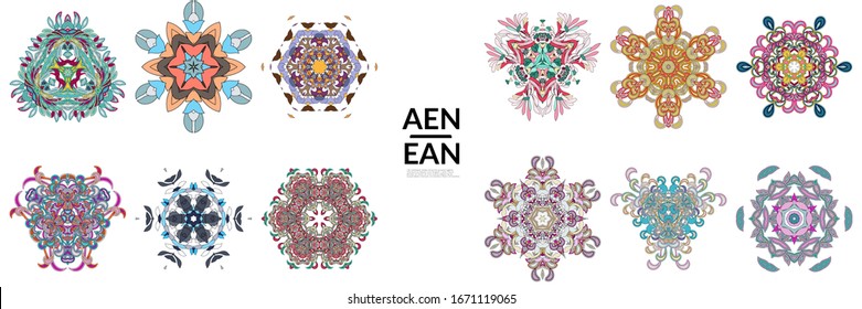 Set of floral symmetrical geometrical symbols. Vector flower mandala icon isolated on white. Oriental round colored pattern. Properly grouped for black outline and colored part of each mandala.