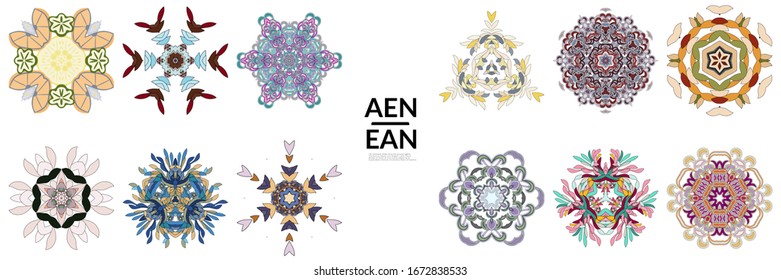 Set of floral symmetrical geometrical symbols. Vector flower mandala icon isolated on white. Oriental round colored pattern. Properly grouped for black outline and colored part of each mandala.