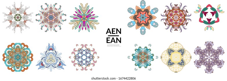 Set of floral symmetrical geometrical symbols. Vector flower mandala icon isolated on white. Oriental round colored pattern. Properly grouped for black outline and colored part of each mandala.