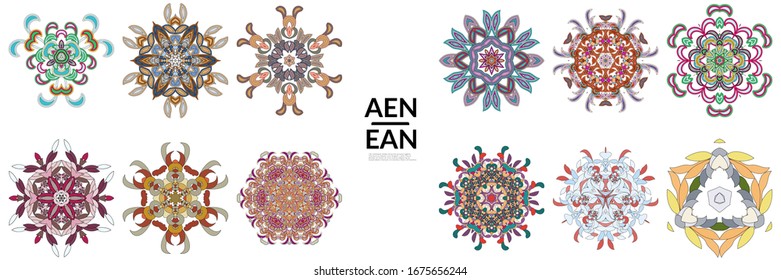 Set of floral symmetrical geometrical symbols. Vector flower mandala icon isolated on white. Oriental round colored pattern. Properly grouped for black outline and colored part of each mandala.