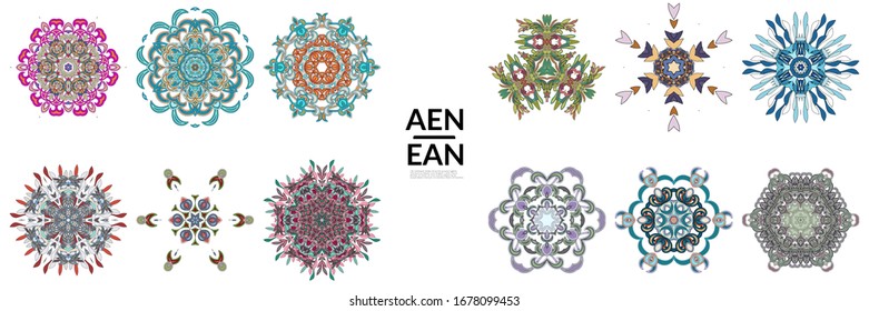Set of floral symmetrical geometrical symbols. Vector flower mandala icon isolated on white. Oriental round colored pattern. Properly grouped for black outline and colored part of each mandala.