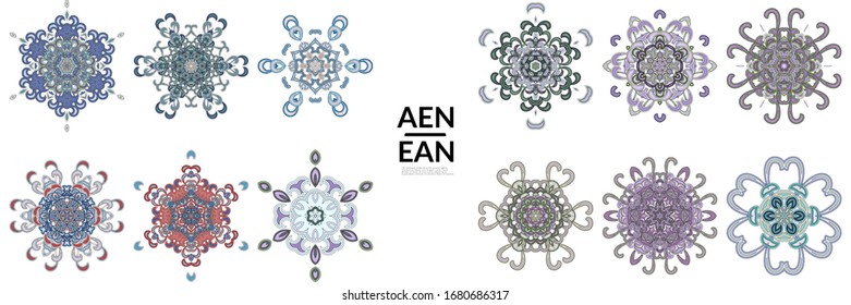 Set of floral symmetrical geometrical symbols. Vector flower mandala icon isolated on white. Oriental round colored pattern. Properly grouped for black outline and colored part of each mandala.