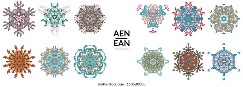 Set of floral symmetrical geometrical symbols. Vector flower mandala icon isolated on white. Oriental round colored pattern. Properly grouped for black outline and colored part of each mandala.