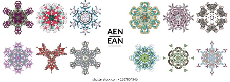 Set of floral symmetrical geometrical symbols. Vector flower mandala icon isolated on white. Oriental round colored pattern. Properly grouped for black outline and colored part of each mandala.