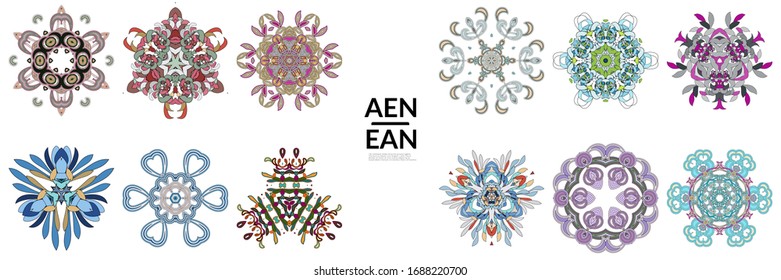 Set of floral symmetrical geometrical symbols. Vector flower mandala icon isolated on white. Oriental round colored pattern. Properly grouped for black outline and colored part of each mandala.