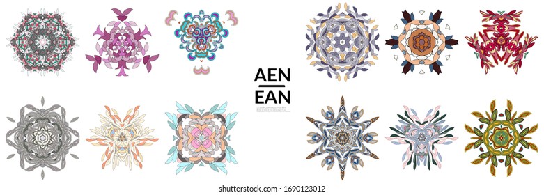Set of floral symmetrical geometrical symbols. Vector flower mandala icon isolated on white. Oriental round colored pattern. Properly grouped for black outline and colored part of each mandala.