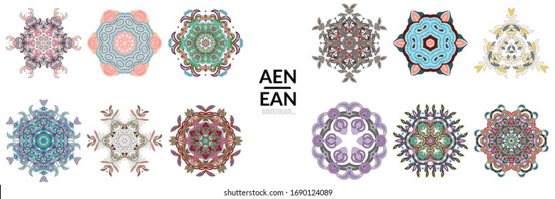 Set of floral symmetrical geometrical symbols. Vector flower mandala icon isolated on white. Oriental round colored pattern. Properly grouped for black outline and colored part of each mandala.