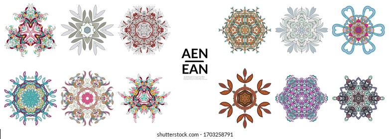 Set of floral symmetrical geometrical symbols. Vector flower mandala icon isolated on white. Oriental round colored pattern. Properly grouped for black outline and colored part of each mandala.