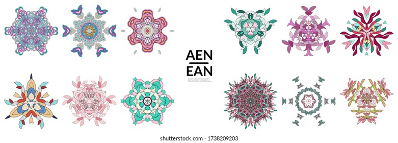 Set of floral symmetrical geometrical symbols. Vector flower mandala icon isolated on white. Oriental round colored pattern. Properly grouped for black outline and colored part of each mandala.