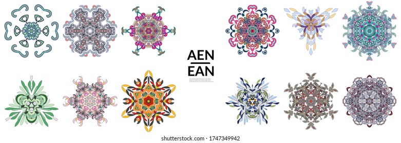 Set of floral symmetrical geometrical symbols. Vector flower mandala icon isolated on white. Oriental round colored pattern. Properly grouped for black outline and colored part of each mandala.